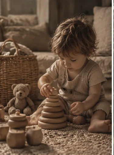 Toddlers absorbed in thoughtful play with wooden toys