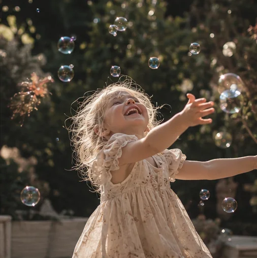 A child reaching joyfully for bubbles in a golden, film-inspired garden