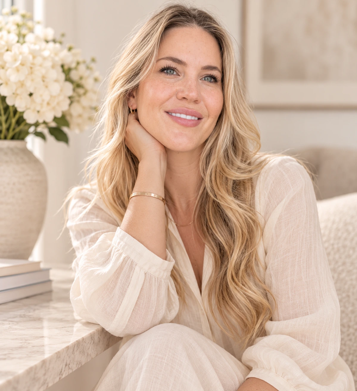 Cove founder seated indoors in natural window light wearing an ivory outfit